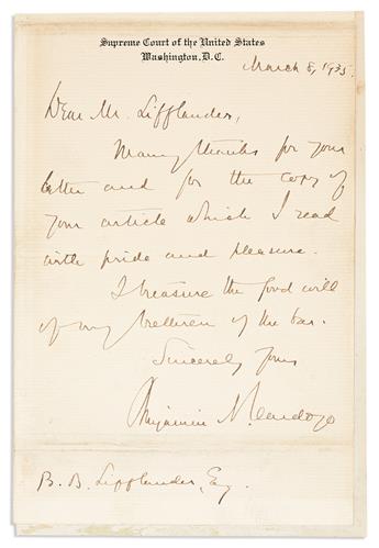 (SUPREME COURT.) BRANDEIS, LOUIS D.; AND BENJAMIN N. CARDOZO. Two Autograph Letters Signed, each by one, each to Ben B. Lifflander.